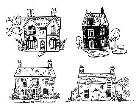 Set of pretty English cottages, vector drawing
