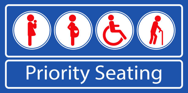 illustrations, cliparts, dessins animés et icônes de ensemble d’autocollant ou d’étiquette prioritaire de sièges, pour le transport en commun rapide ou d’autres transports publics. - handicap