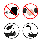 istock Set of prohibiting icons. Do not cough, shake hands, wash hands and use antiseptics 1371330047