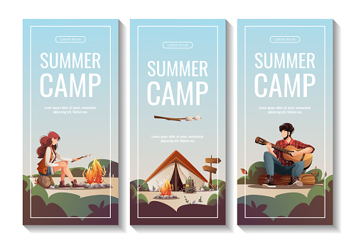 Set of promo flyers with campsite for summer camping, traveling, trip, hiking, camper, nature, journey, picnic. Vector illustration for poster, banner, flyer, cover, special offer, advertising.