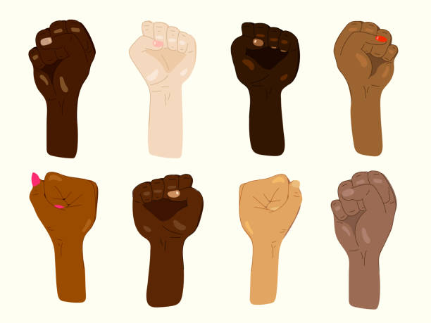 Set of protesting hands of mixed skin colors vector art illustration