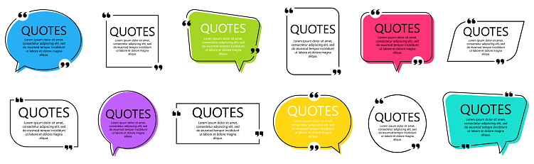 Set of quote frames. Speech bubbles with quotation marks, isolated on white background. Blank text box and quotes. Blog post template. Vector illustration.