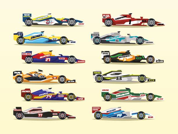 Set of racing bolid. A collection of sports cars. Quick transport. Powerful engine. Aerodynamic body. Stickers, labels. Side view, isolated on background. Set of racing bolid. A collection of sports cars. Quick transport. Powerful engine. Aerodynamic body. Stickers, labels. Side view, isolated on background racecar stock illustrations