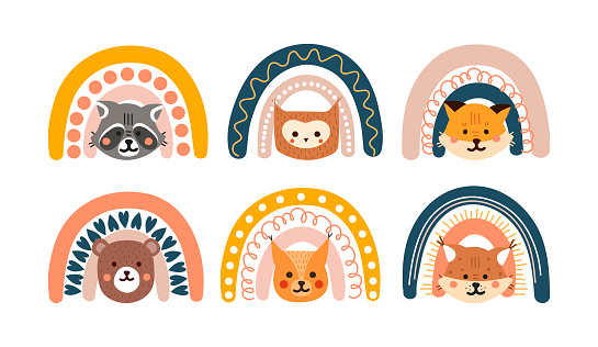 Set of rainbows with cute animals