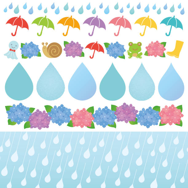 Set of rainy day illustrations. rainy season illustrations. raindrops background and rainy illustration frames. rain borders stock illustrations