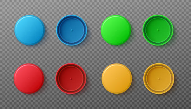 Set of realistic 3d colored plastic bottle caps a vector isolated illustrations. Set of realistic 3d colored plastic bottle caps. Bottle caps with space for logo or text. View from the outside and inside. Vector illustrations isolated on a transparent background lid stock illustrations