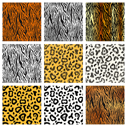 Set of realistic and cartoon tiger, cheetah and leopard skin, detailed seamless patterns
