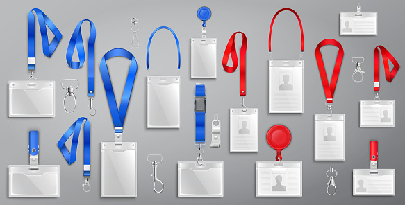 Set of realistic badges id cards on blue and red lanyards with strap clips, cord and clasps vector illustration