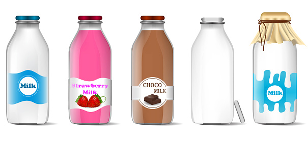 set of realistic bottle milk isolated or fresh milk in glass mock up template or various flavour milk strawberry, chocolate and pure milk or turkish ayran drink concept. eps vector