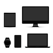 Set of realistic computer monitor, laptop, tablet and mobile phone, smart watch with empty screen. on white background. Vector.