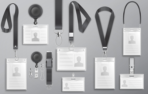 Set of realistic employee identification card on black lanyards with strap clips, cord and clasps vector illustration