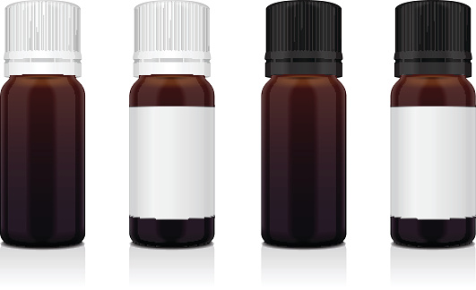 Set of realistic essential oil brown bottle. Mock up bottle cosmetic or medical vial, flask, flacon 3d illustration