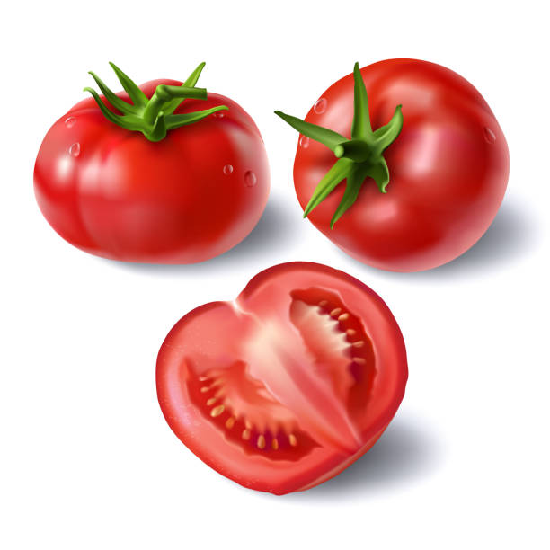 ilustraciones, imágenes clip art, dibujos animados e iconos de stock de conjunto de vectores realistas tomates en rodajas y completo - tomato
