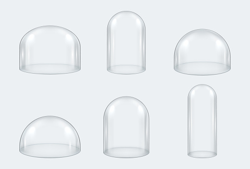 Set of realistic glass dome various size and shape vector illustration. Collection of transparent bell jars, exhibition display case, dust cover, kitchen glassware or sterile laboratory tool isolated