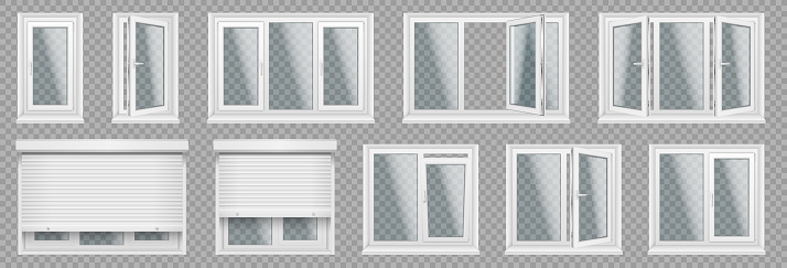 Set of realistic glass plastic windows with window sills, sashes. White home, office windows