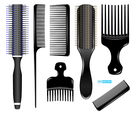 set of realistic hairbrush isolated or hot curling radial brush comb or barbershop equipment tools concept. eps vector