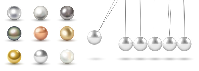 Set of realistic metal balls, glossy chrome, golden and bronze spheres, white pearls and Newton cradle on white background. 3d vector illustration