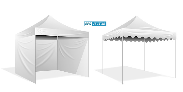 set of realistic outdoor advertising promotional tent or white trade tent isolated or trade tent mobile advertising marquee protection from sun and rain. eps vector