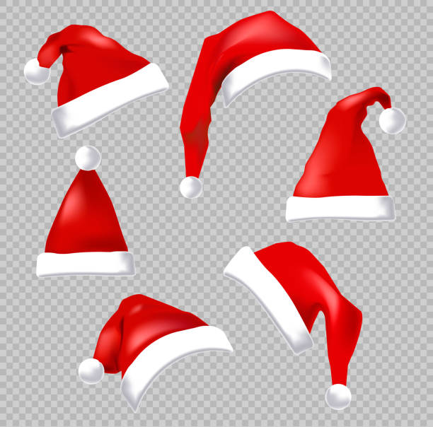 Set of realistic Santa Claus hats isolated on transparent background. hat, santa, christmas, vector, xmas, isolated, cap, claus, transparent, design, icon, new, year, holiday, cartoon, december, detail, funny, red, accessory, background, ball, celebration, clothing, collection, concept, costume, decoration, decorative, festive, flat, fluffy, fur, furry, graphic, group, illustration, realistic, season, seasonal, set, style, symbol, tradition, traditional, wear, white, winter knit hat stock illustrations
