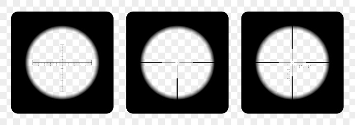 Set of realistic sniper or hunting rifle sights with crosshairs on transparent background - vector
