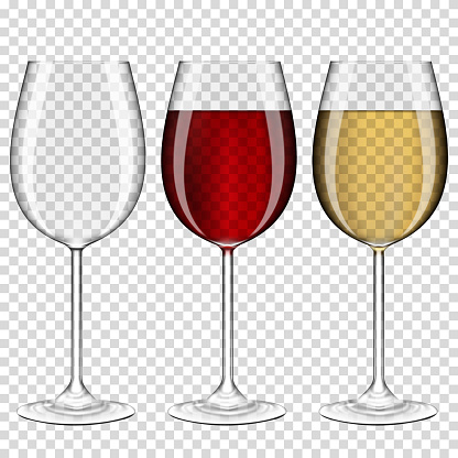 Set of realistic transparent wine glasses empty, with red and white wine, isolated on transparent background.