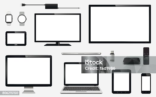 istock Set of realistic TV, computer monitor, laptops, tablet, mobile phone, smart watch, usb flash drive, GPS navigation system device, TV box receiver with remote controller and electric plug 806215150