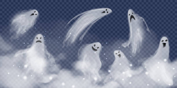 ilustraciones, imágenes clip art, dibujos animados e iconos de stock de conjunto de fantasmas vectoriales realistas en la niebla. humos en 3d que parecen demonios nocturnos en humo místico brillante. ilustración de halloween de poltergeist o fantasma aterrador - ghost