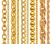 Set of realistic vector golden chains. Vector illustration of gold links isolated on white background
