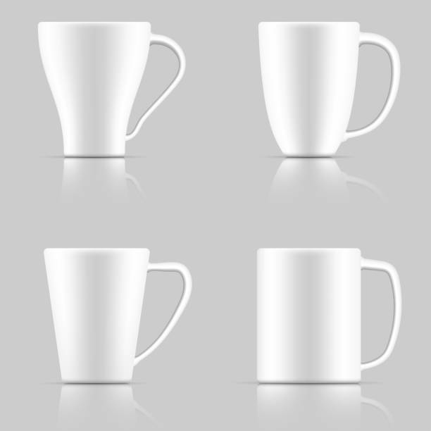 Set of realistic white coffee mugs on a grey background. Set of realistic white coffee mugs on a grey background. mug stock illustrations