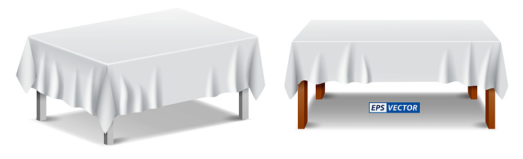 set of realistic white tablecloth isolated or folded tablecloth with furniture covered or table with folded tablecloth concept. eps vector