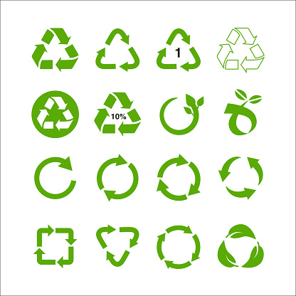 Recycle and ecology icons collection reuse refuse concept, recycled paper and industrial package marks vector illustration isolated on white background