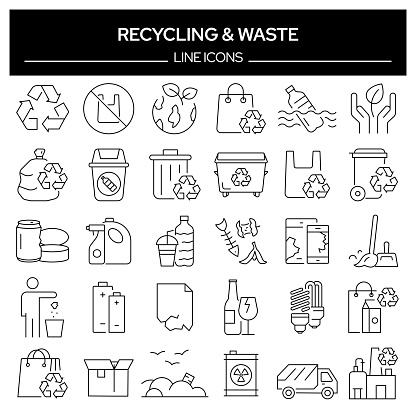 Set of Recycling and Waste Related Line Icons. Outline Symbol Collection, Editable Stroke