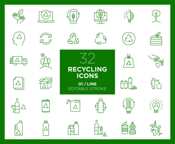 stockillustraties, clipart, cartoons en iconen met set van recycling iconen in lijn - gerecycled materiaal