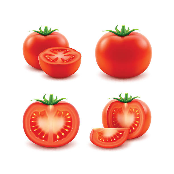 ilustraciones, imágenes clip art, dibujos animados e iconos de stock de conjunto de tomates enteros rojos recién cortados close up aislado - tomato
