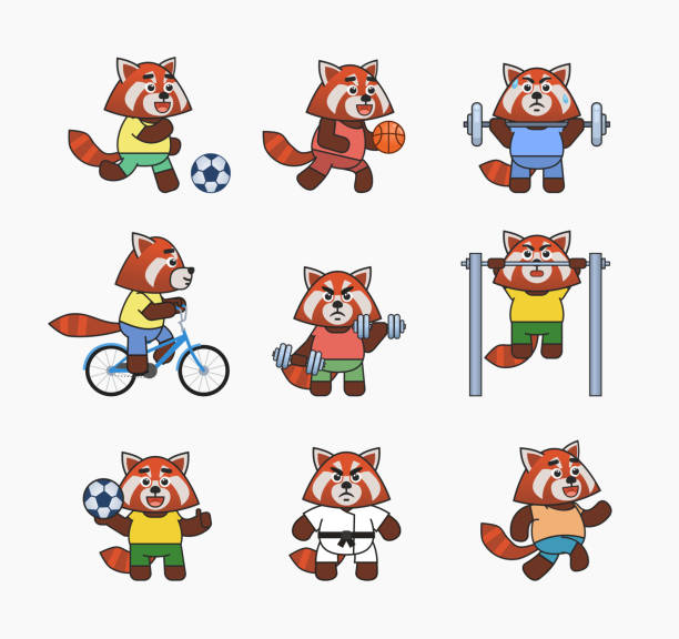 illustrations, cliparts, dessins animés et icônes de ensemble de personnages de pandas roux faisant divers sports - panda foot