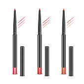 Vector Set of Red Pink Cosmetic Makeup Lip Liner Pencils with without Caps and sample strokes Isolated on White Background