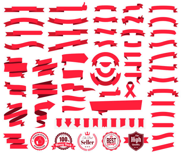 kumpulan pita merah, spanduk, lencana, label - elemen desain di latar belakang putih - spanduk web ilustrasi stok
