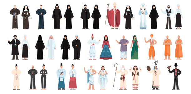 illustrazioni stock, clip art, cartoni animati e icone di tendenza di set di persone religiose che indossano un'uniforme specifica. collezione di figure religiose maschili e femminili. - papa