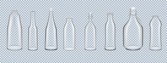 Set of relistic 3D glass bottles, cans of various shapes.