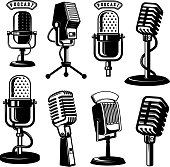 Set of retro style microphone icons isolated on white background. Design element for label, emblem, sign, poster. Vector illustration