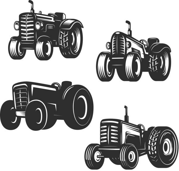 reihe von retro-traktor-icons. design-elemente für label, wahrzeichen, zeichen. vektor-illustration - traktor stock-grafiken, -clipart, -cartoons und -symbole