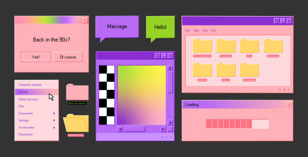 Set of retro user interface tabs and icons. Old computer windows with message, folders and buttons vector art illustration
