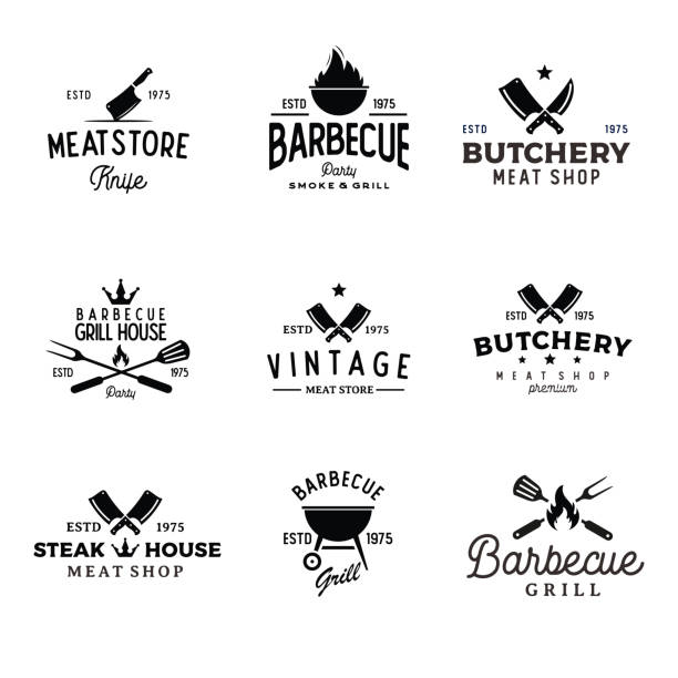 satz von retro vintage bbq grill grill grill vektor-illustration - stock-illustration indonesien, barbecue grill, barbecue - mahlzeit, logo, icon - grillen stock-grafiken, -clipart, -cartoons und -symbole