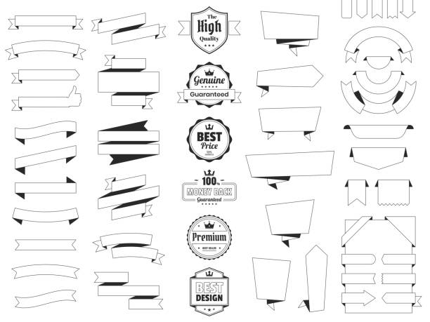 Set of Black and white ribbons, banners, badges and labels in a line art style with a thin black outline, isolated on a blank background. Elements for your design, with space for your text. Vector Illustration (EPS10, well layered and grouped). Easy to edit, manipulate, resize or colorize.