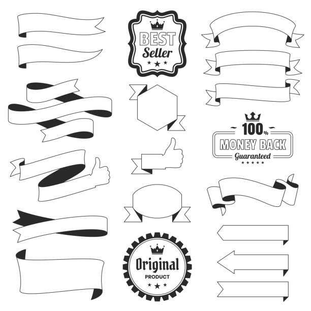 Set of Black and white ribbons, banners, badges and labels in a line art style with a thin black outline, isolated on a blank background. Elements for your design, with space for your text. Vector Illustration (EPS10, well layered and grouped). Easy to edit, manipulate, resize or colorize.