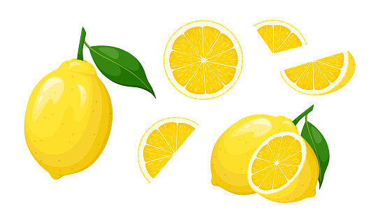 A set of ripe lemons on a white background. Cartoon design.