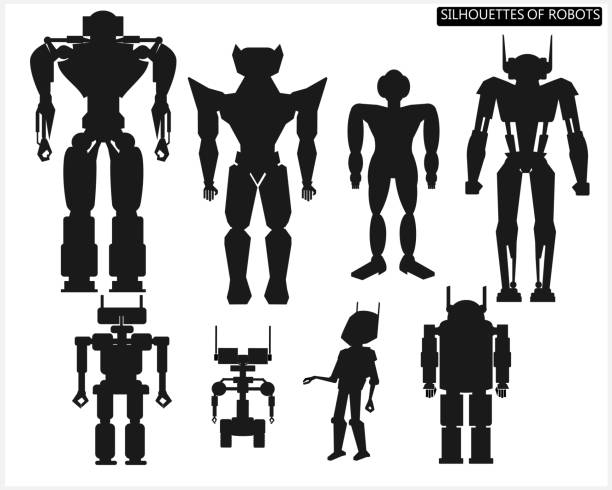 A set of robots. Silhouettes of robots. Vector set. A set of robots. Silhouettes of robots. Vector set. robot silhouettes stock illustrations