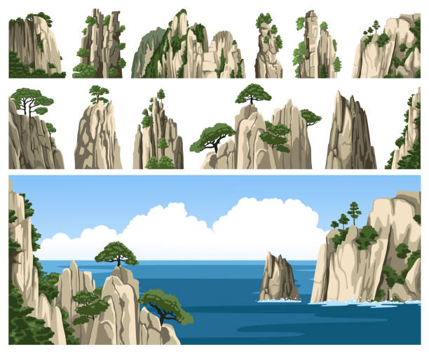Set of rocks, cliffs, mountains peaks and stones isolated on white background. Rocky asian landscape elements. Colorful panoramic ocean scenary. Collection of cartoon vector illustrations. cliffs stock illustrations