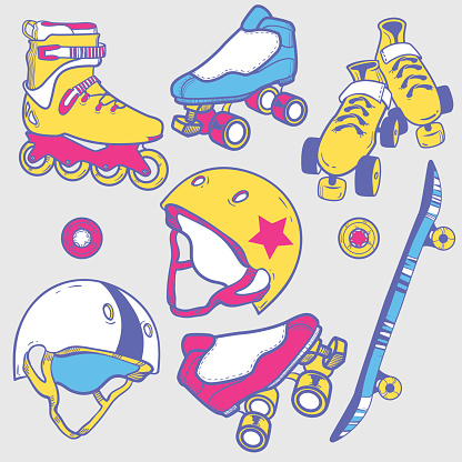 Set of roller skates, skateboard, helmets, wheel