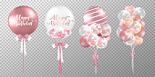 Set of rose gold balloons on transparent background. Realistic glossy pink balloons vector illustration. Party balloons decorations wedding, birthday, celebration and anniversary card design.